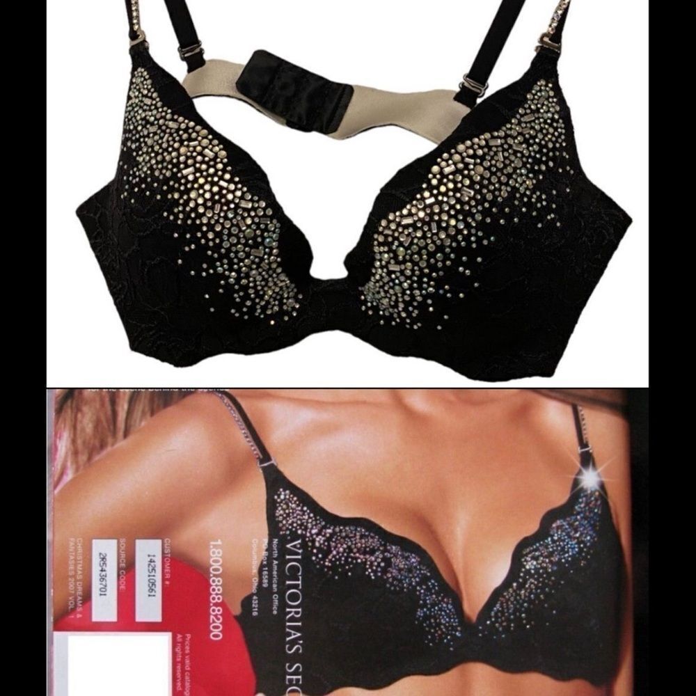 Very Sexy Secret Embrace Push-up Bra rhinestone black lace runway mag cover 34A